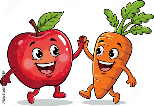 Happy Apple and Carrot Giving a High Five