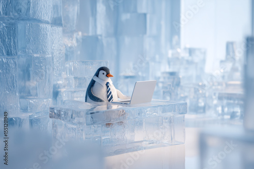 Cute Penguin Figure in an Ice Office Wearing a Tie and Using a Laptop