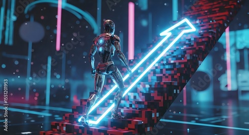 Robot climbs pixelated stairs with a neon arrow pointing upward