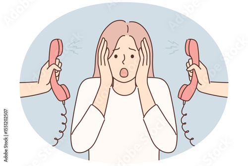 Woman clutches head is nervous about lot of phone calls and intrusive telemarketing or spam