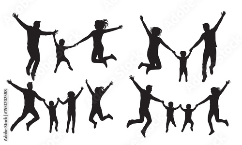 Silhouettes vector of a group jumping family together. father, mother, and child. AI Generated