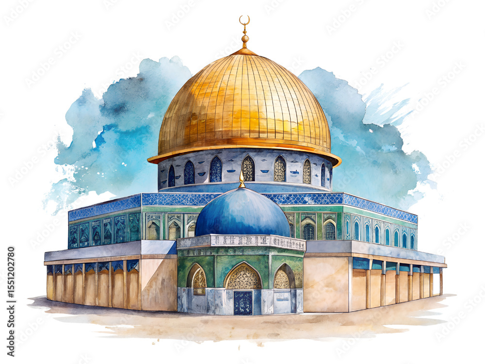 Naklejka premium Watercolor Painting of Dome of the Rock in Jerusalem on Transparent Background, Watercolor Illustration on Transparent Background