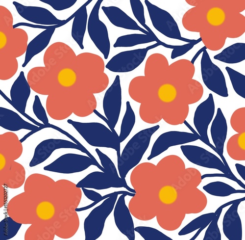 Colorful Retro Florwers Seamless Pattern with Bold Floral and Leaves.