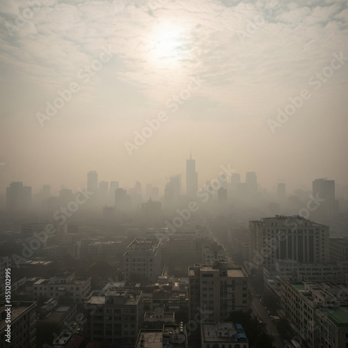 Smog-Covered City Skyline with Faded Sunlight