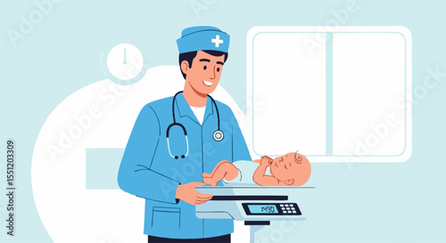 Pediatrician Weighing Newborn Baby on Digital Scale in Clinic Setting