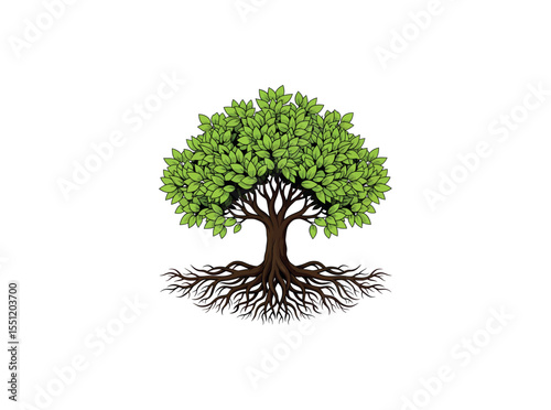 Elegant tree design with detailed roots and lush green foliage, perfect for eco themes. Vector Illustration