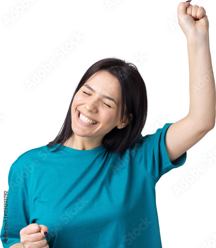 Close up portrait of attractive shouting in winning smiling with raised fists young she her girl wearing jeans shirt clothes isolated on grey background
