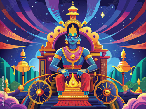 Vibrant illustration of a deity, likely from Indian mythology, seated regally on a richly decorated chariot.