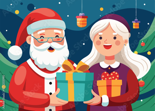 A heartwarming illustration of Santa Claus and an elderly woman, both with joyful expressions, exchanging Christmas gifts.