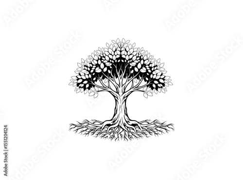 Elegant tree design with detailed roots and lush green foliage, perfect for eco themes. Vector Illustration