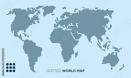 Dotted world map. Blue vector illustration. World map isolated on Ice blue background. Suitable for backgrounds, logistics, reports, travel and infographics. Vector illustration