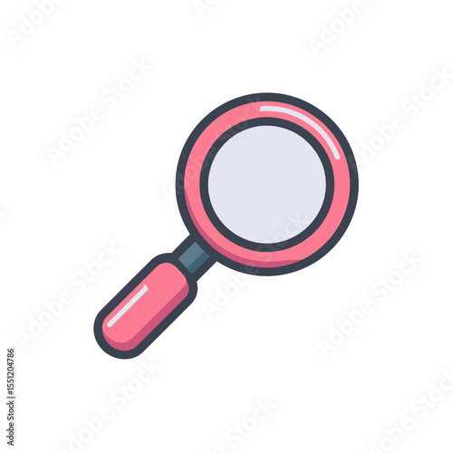 Pink magnifier analyzes search icon on white background detail research