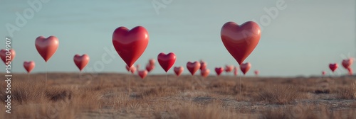 Floating Heart Balloons Create a Whimsical Atmosphere in a Clay Style Abstract Landscape During Daylight
