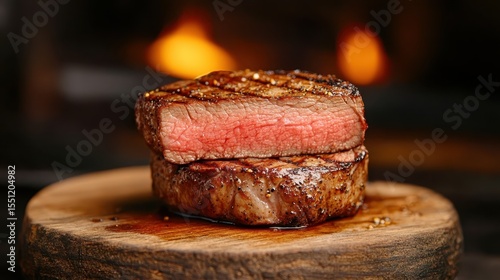 Fototapeta Naklejka Na Ścianę i Meble -  A perfectly cooked steak showcases rich texture and flavor on a rustic wooden board, epitomizing culinary craftsmanship and indulgence for meat lovers and gastronomes alike.