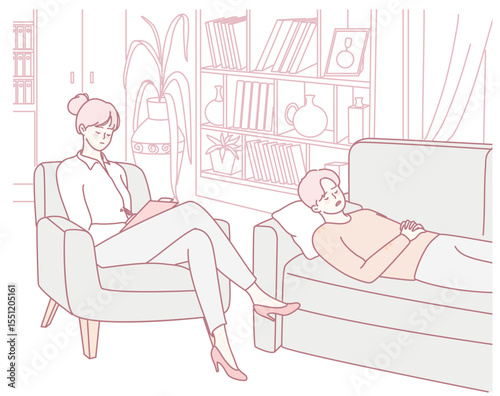A serene therapy session unfolds in a comfortable living space, fostering self-reflection and healing.