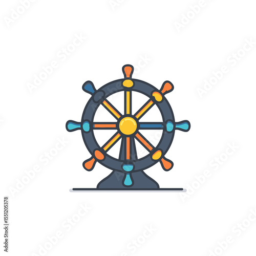 Cartoon wheel steers vessel on stand in colorful nautical illustration