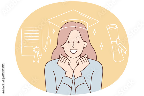 Positive girl student in graduate hat celebrating successful passing of exams