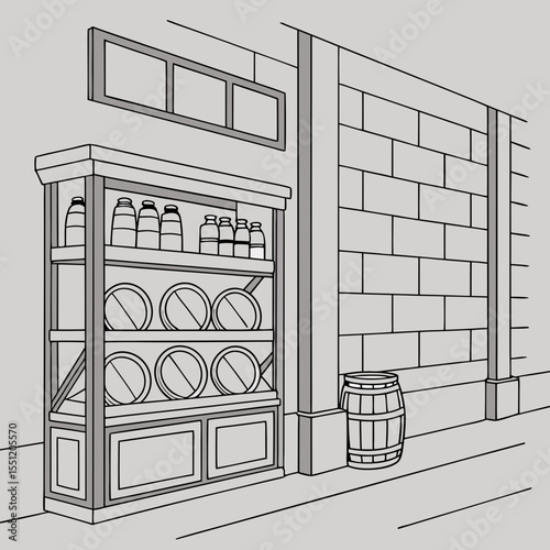 Vintage storefront facade featuring beverage storage and architectural perspective