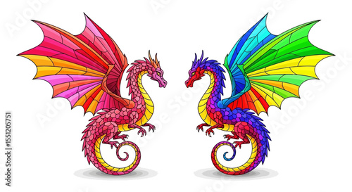 Two Colorful Stained Glass Style Dragons with Wings Facing Each Other