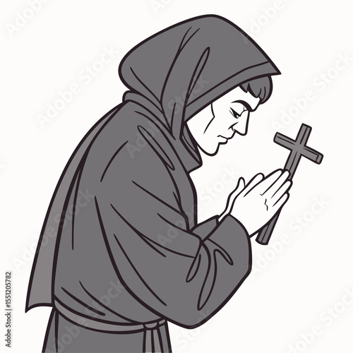 Monochrome illustration of a monastic figure engrossed in prayer with cross