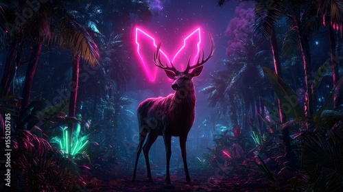 Neon Deer in Tropical Paradise