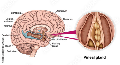 Detailed Illustration of Human Brain Anatomy with Pineal Gland Highlighted