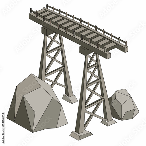 Geometric illustration of elevated railway bridge crossing polygonal rocks landscape