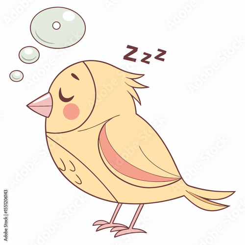Dreaming bird cartoon illustration featuring sound sleep and pastel color palette