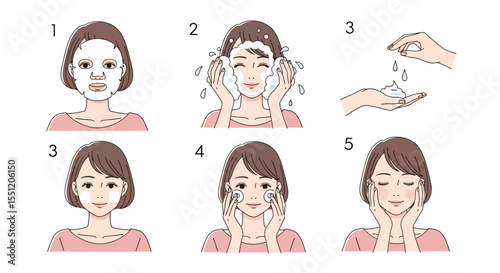Five-Step Skincare Routine Illustration: Woman Applying Sheet Mask, Cleansing Foam, and Moisturizer