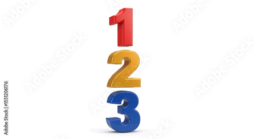 Stacked 3D Numbers One, Two, Three; Red, Gold, Blue Glossy Finish