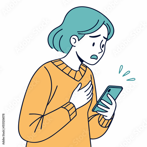 Distressed young woman reacting to alarming news on her smartphone device