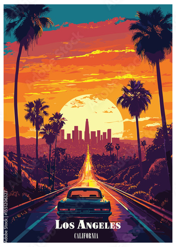 Los Angeles California Vector Illustration with Retro Car and Sunset.