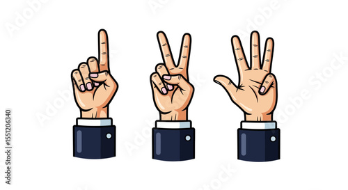 Three Cartoon Hands Showing Numbers One, Two, and Three;  Pop Art Style Illustration