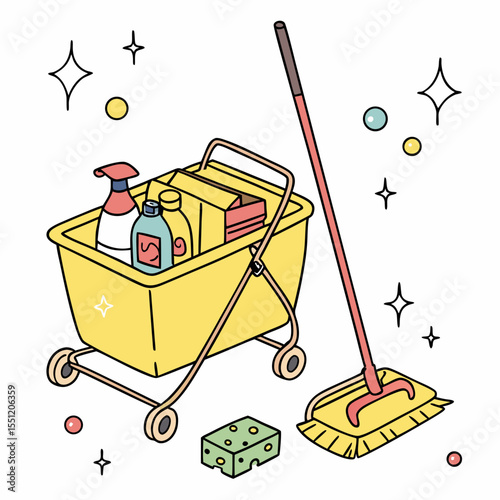 Stylized illustration showcasing cleaning supplies and equipment for maintenance