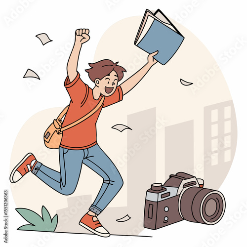 Joyful student celebrating academic success with camera in a college setting