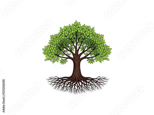 Elegant tree design with detailed roots and lush green foliage, perfect for eco themes. Vector Illustration