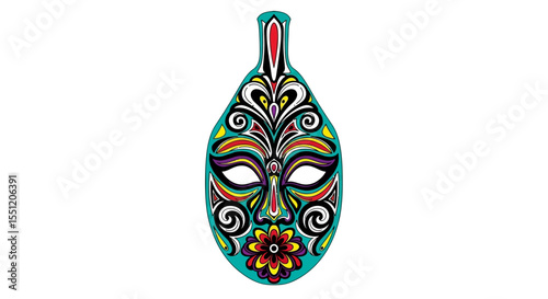 Vibrant Teal Decorative Mask with Intricate Floral and Geometric Patterns