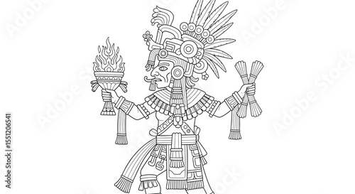Intricate Line Drawing of a Mayan Priest King, Holding a Flaming Torch and Incense, Adorned in Elaborate Headdress and Regalia