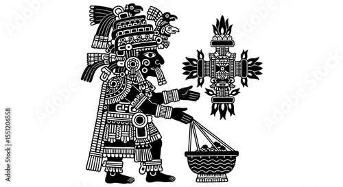 Monochrome Aztec Priest Figure Offering Incense, Intricate Headdress and Ceremonial Basket