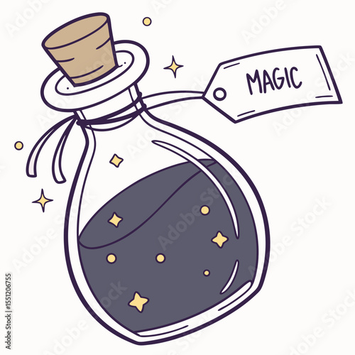 Whimsical potion bottle with enchanting elixir and magical aura illustration