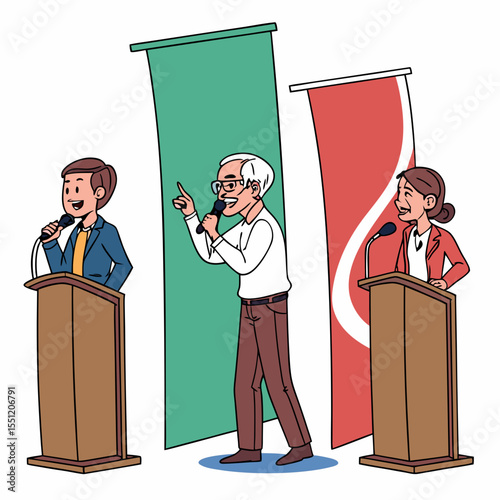 Vibrant illustration depicting a political debate with three speakers in action