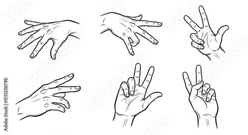 Six Hand Drawn Hands in Various Poses with Black Outlines