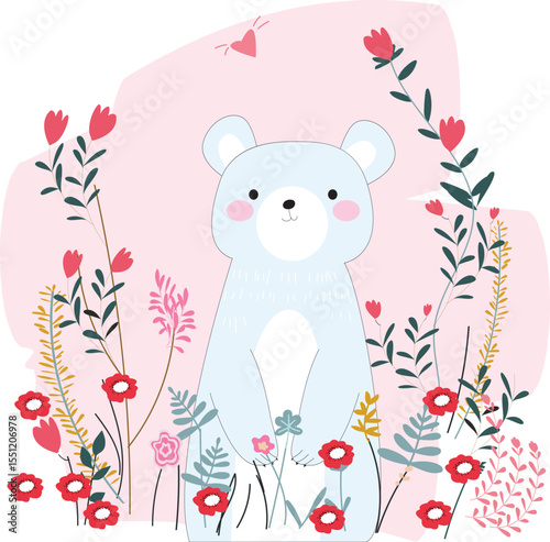 Vintage cute teddy bear blue grey in flower garden pastel baby kid cartoon pattern vector hand draw doodle comic art illustration,for card background or printed on textile wrap paper