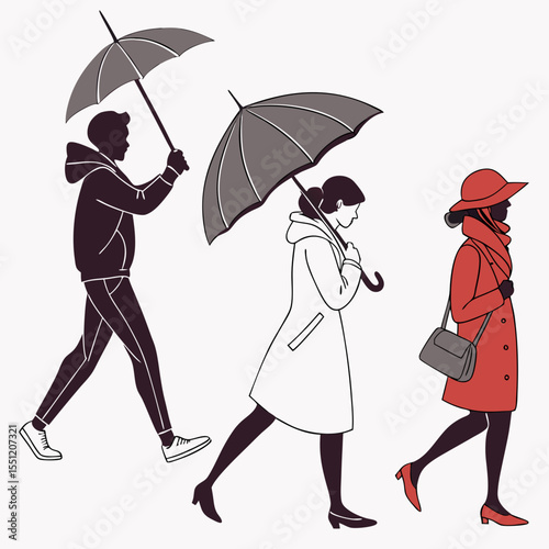 Stylized pedestrians with umbrellas walking in wet weather graphic illustration