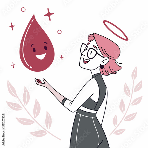 Whimsical depiction of blood donation advocacy featuring an angelic woman