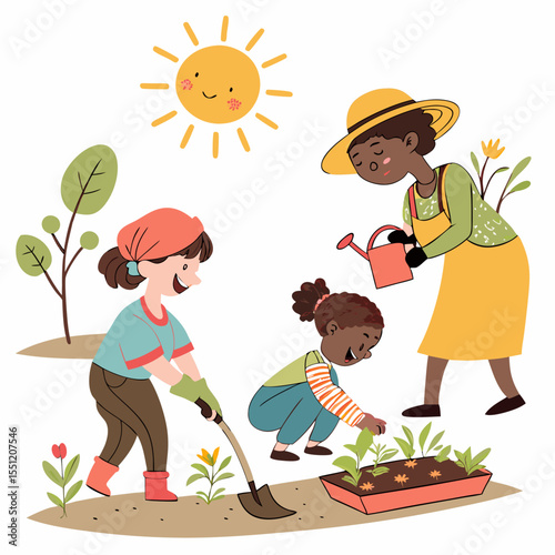 Cheerful multigenerational family cultivating a flourishing garden under a sunny sky