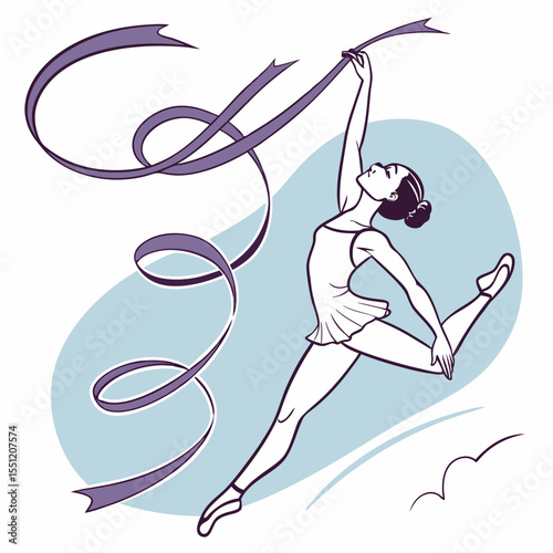 Dynamic rhythmic gymnast gracefully wielding ribbon in artistic performance