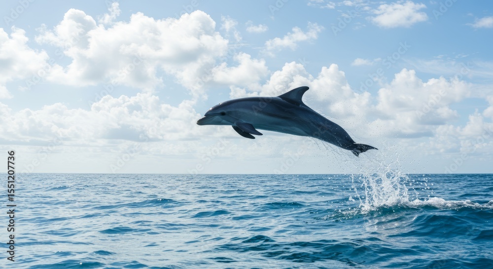 Obraz premium Exhilarating display of a dolphin breaching ocean waves under a serene sky