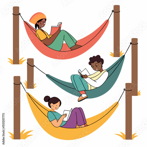 Illustrated diverse individuals enjoying leisure time reading in colorful hammocks
