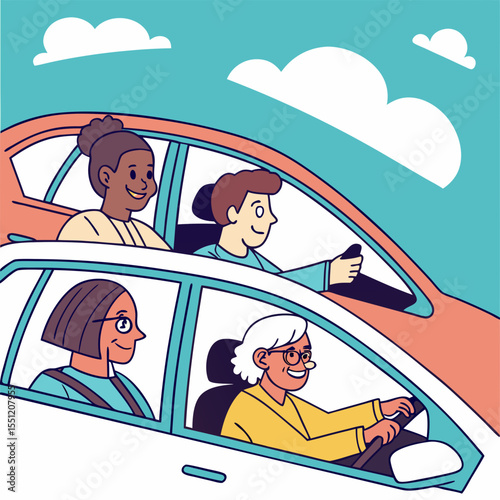 Diversity carpooling family bonding during a road trip adventure with colorful style